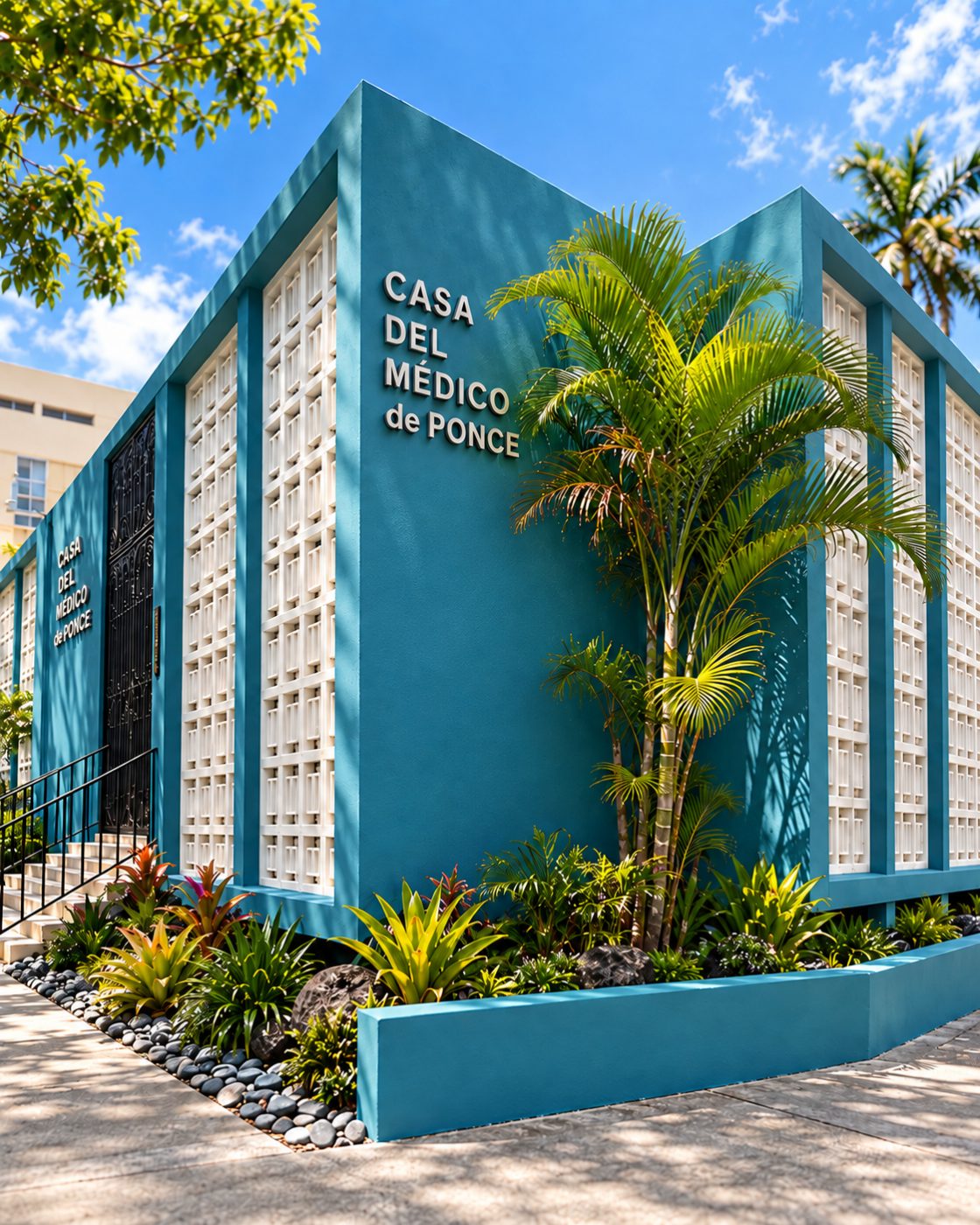 Esquina de la Casa del Médico de Ponce con palmas y letras en relieve